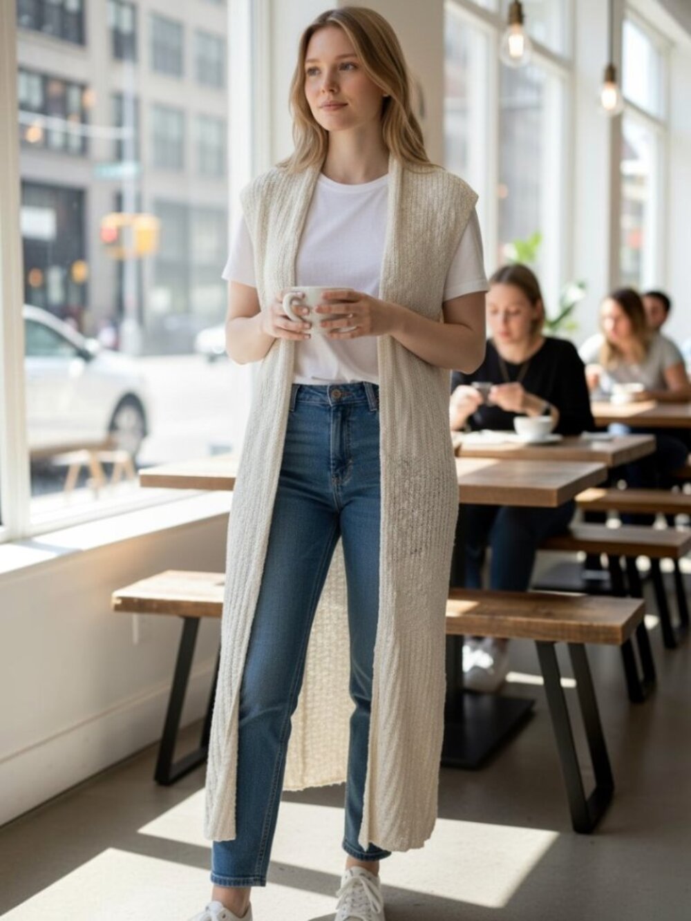 Lovestitch Cream Textured Knit Open Vest Size S/M